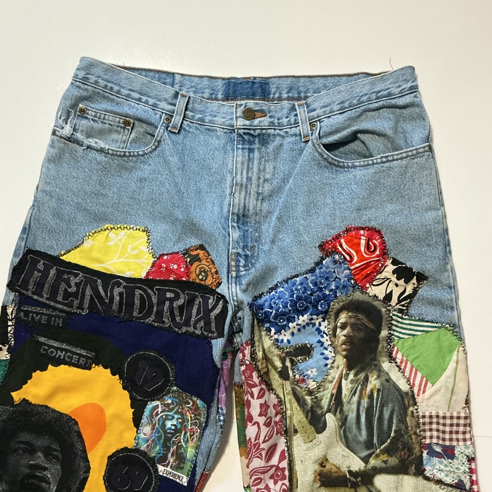 VTG Jimi Hendrix Experience Patchwork 1 Of 1 Upcycle Rework Denim Jean Shorts - Picture 3 of 4
